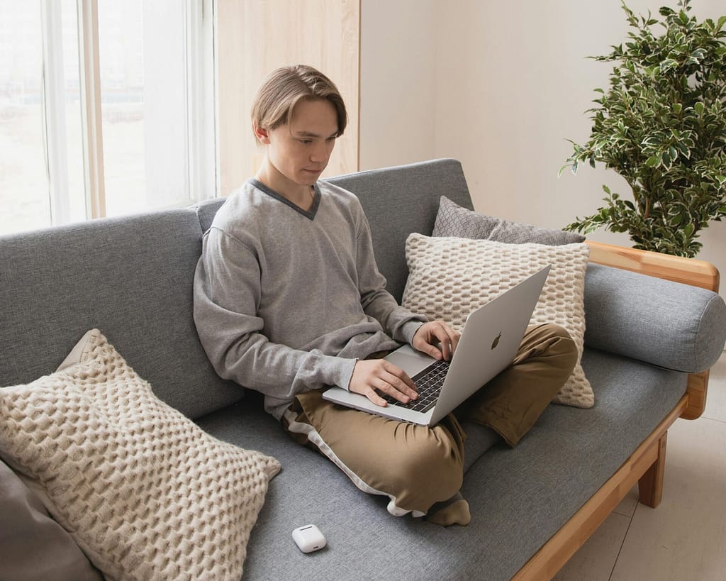 man on device